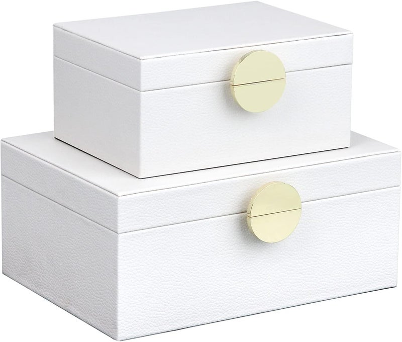 HofferRuffer Faux Leather Jewelry Boxes, Decorative Boxes Storage Accessory Organizer with Gold Hardware Decor, Classic Vegan Leather Set of 2 Pieces (White) - Image 1